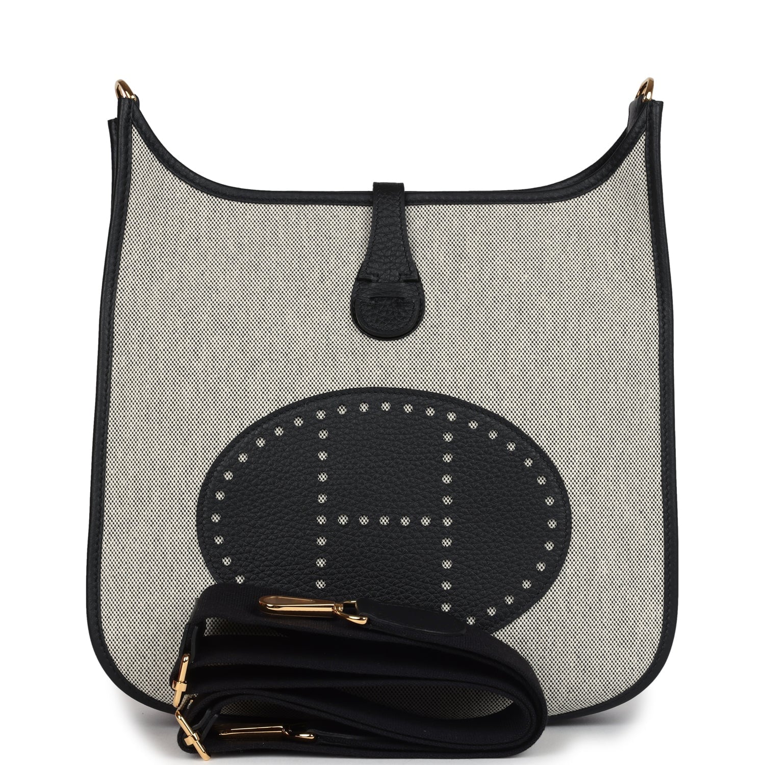 Replicate Hermes Evelyne III PM Black Clemence and Ecru Toile Gold Hardware(1:1 replica)