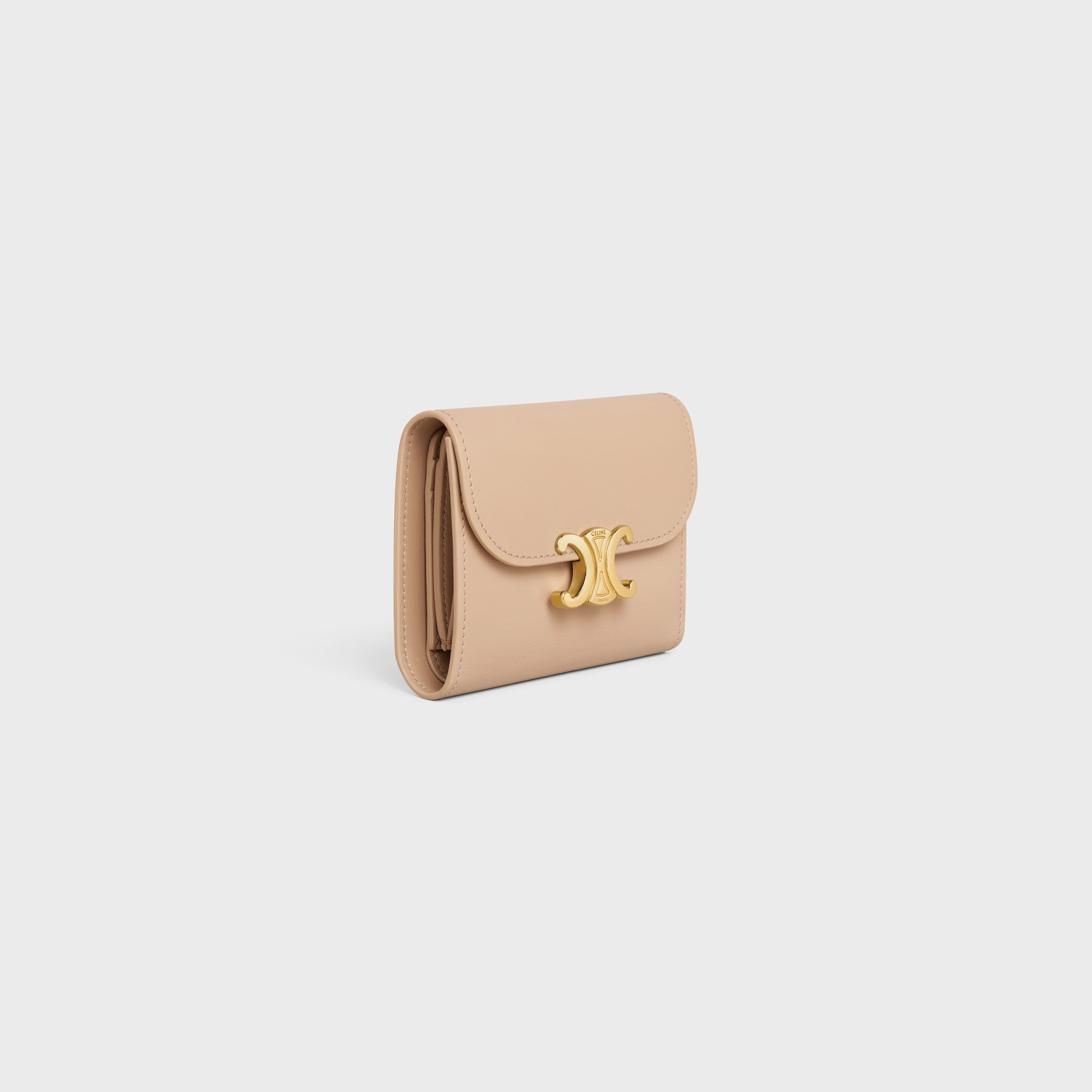 Replicate SMALL FLAP WALLER TRIOMPHE IN SHINY CALFSKIN OAT BEIGE(1:1 replica)