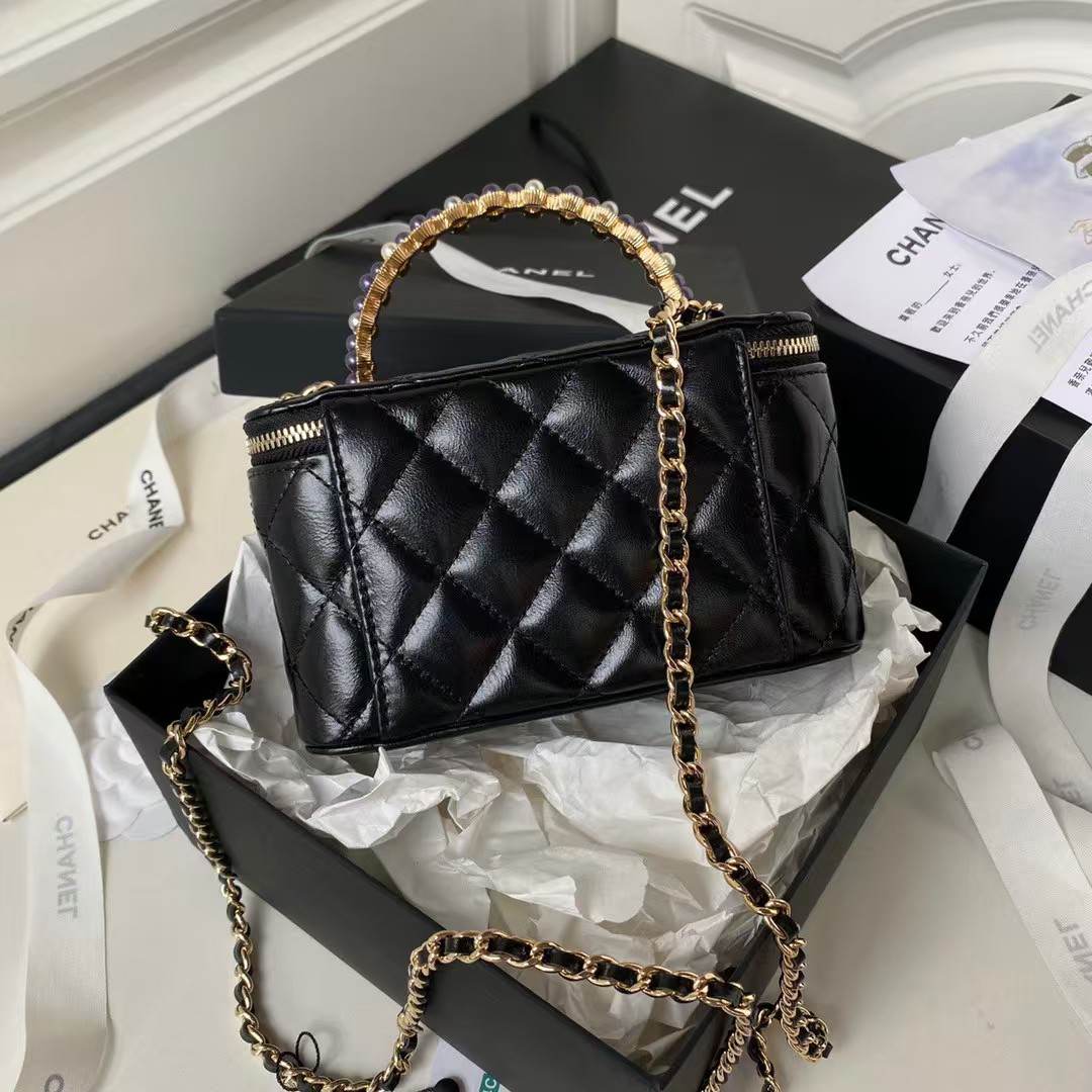 Replicate Chanel AP3804 Clutch Lambskin Cosmetic Bag With Pearl Handle Black(1:1 replica)