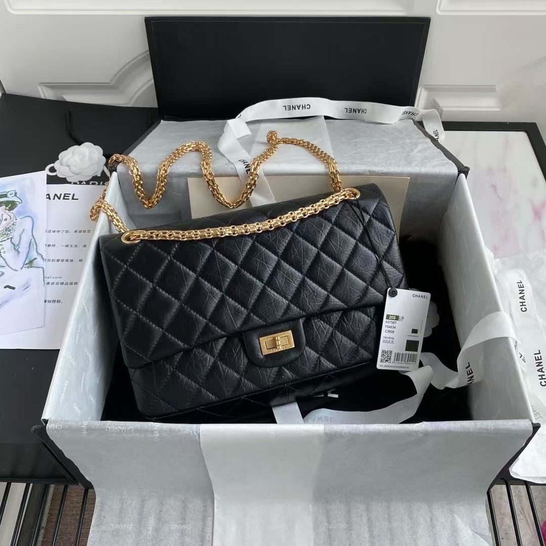 Replicate Chanel 23A A37587 Classic Large 2.55 Flap Bag Black Aged Calfskin Gold Metal Hardware(1:1 replica)