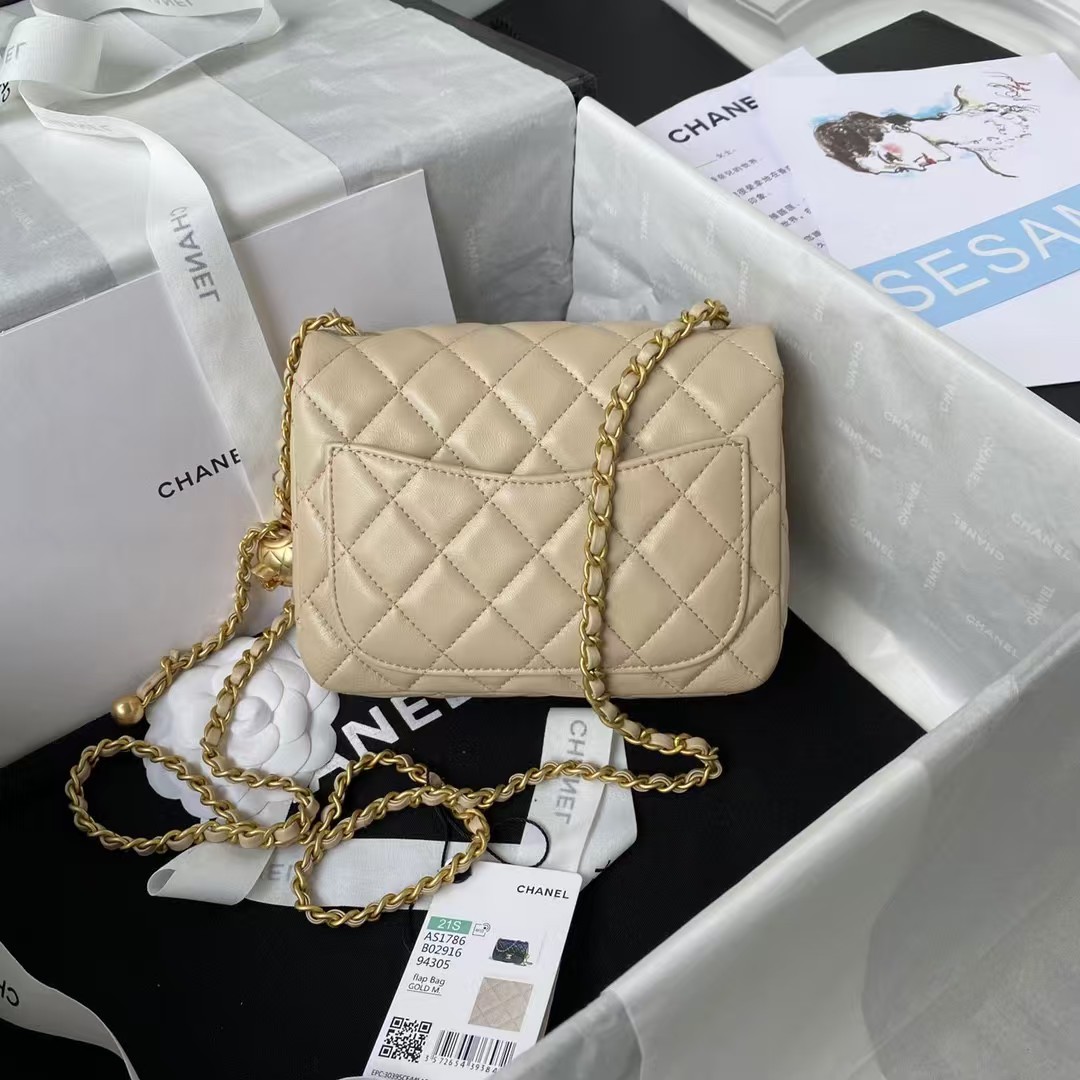 Replicate Chanel 23C AS1786 Mini Square Pearl Embossed Flap Bag Antique Gold Hardware Apricot(1:1 replica)