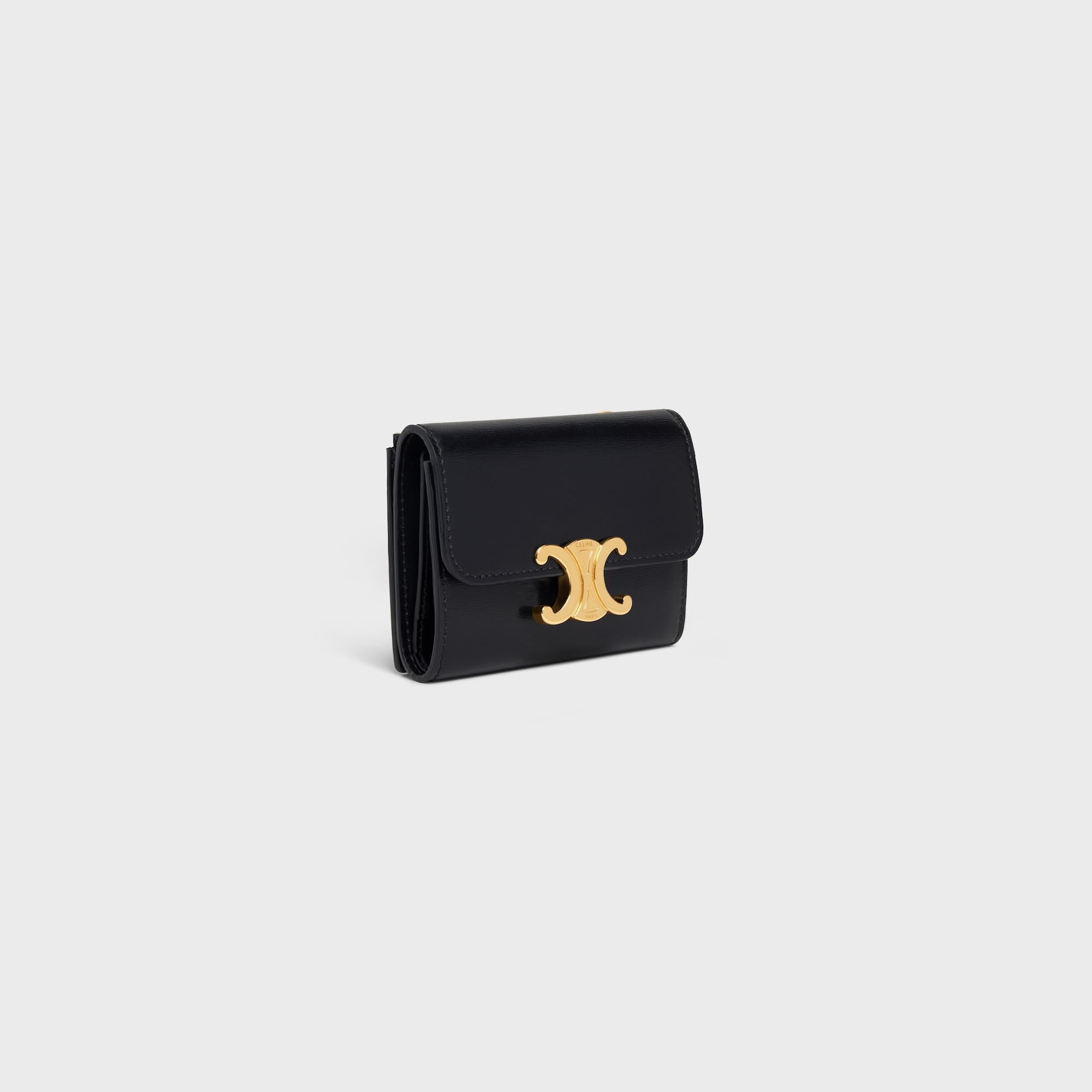 Replicate COMPACT WALLET WITH COIN TRIOMPHE IN SHINY CALFSKIN BLACK(1:1 replica)