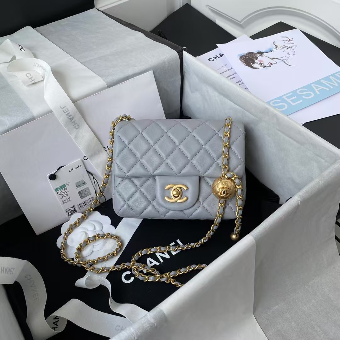 Replicate Chanel 23C AS1786 Mini Square Pearl Embossed Flap Bag Antique Gold Hardware Light Blue(1:1 replica)