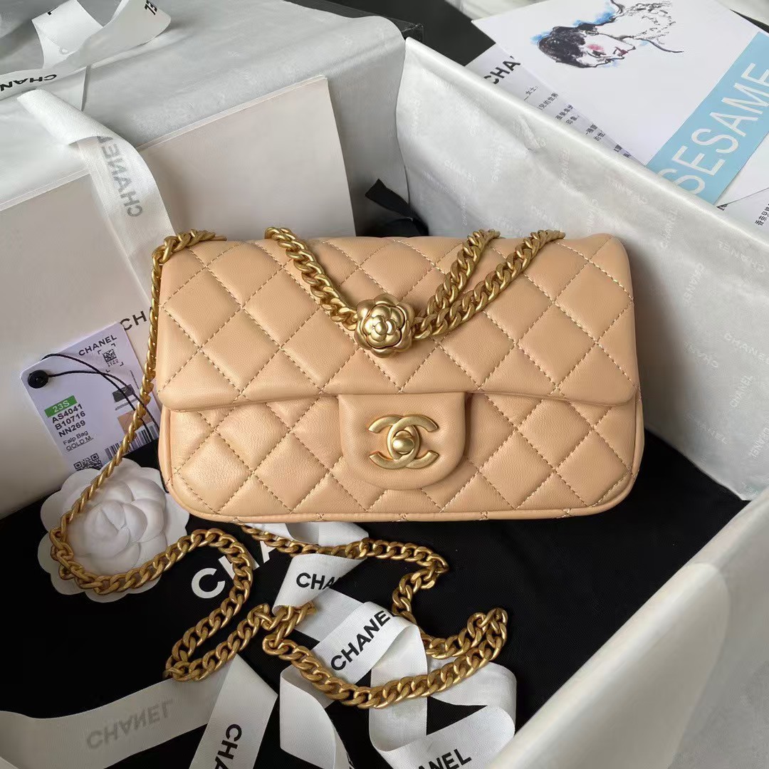 Replicate Chanel 23S AS4041 Mini Camellia Embossed Rectangular Flap Bag Antique Gold Metal Hardware Apricot(1:1 replica)