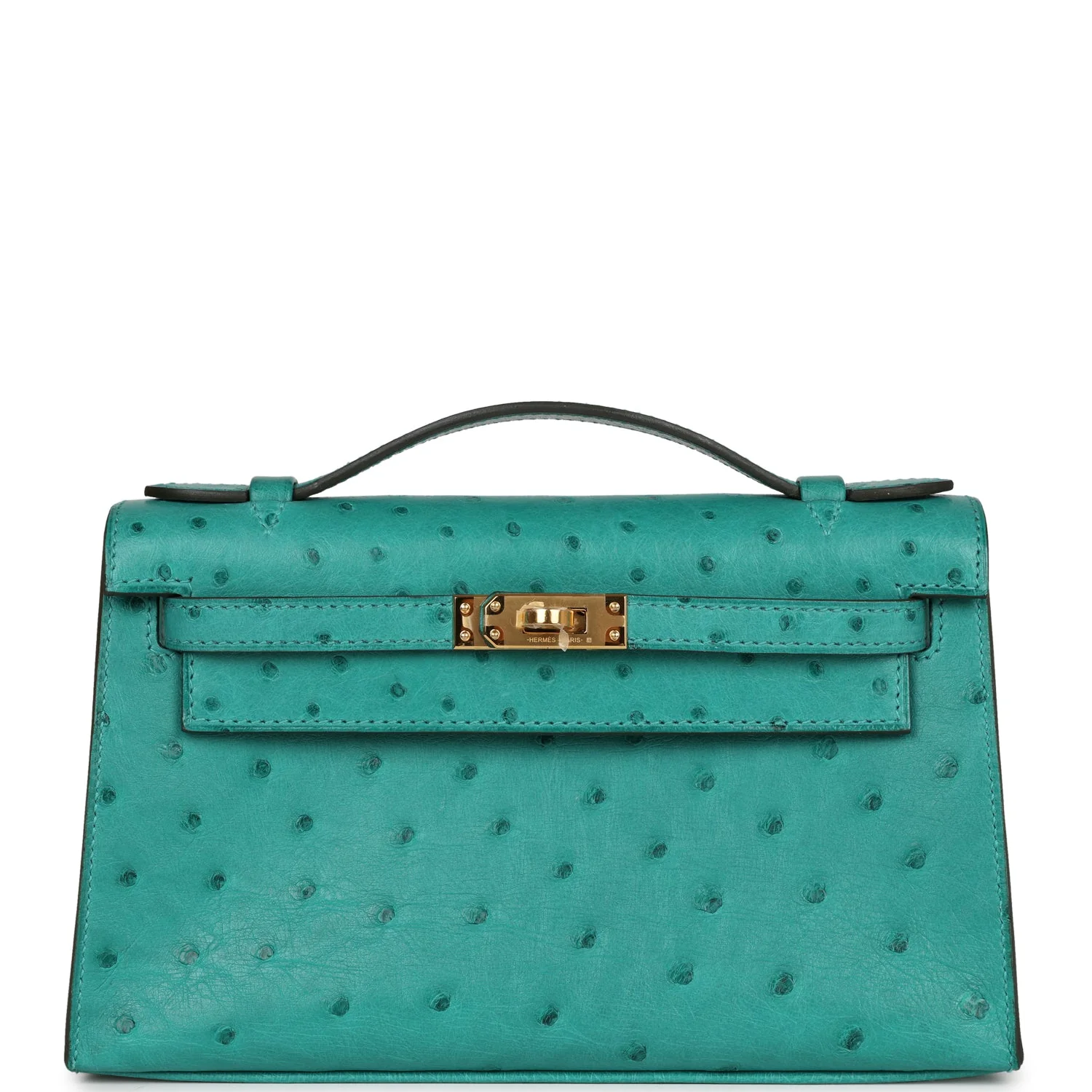 Replicate Hermes Kelly Pochette Vert Verone Ostrich Gold Hardware(1:1 replica)