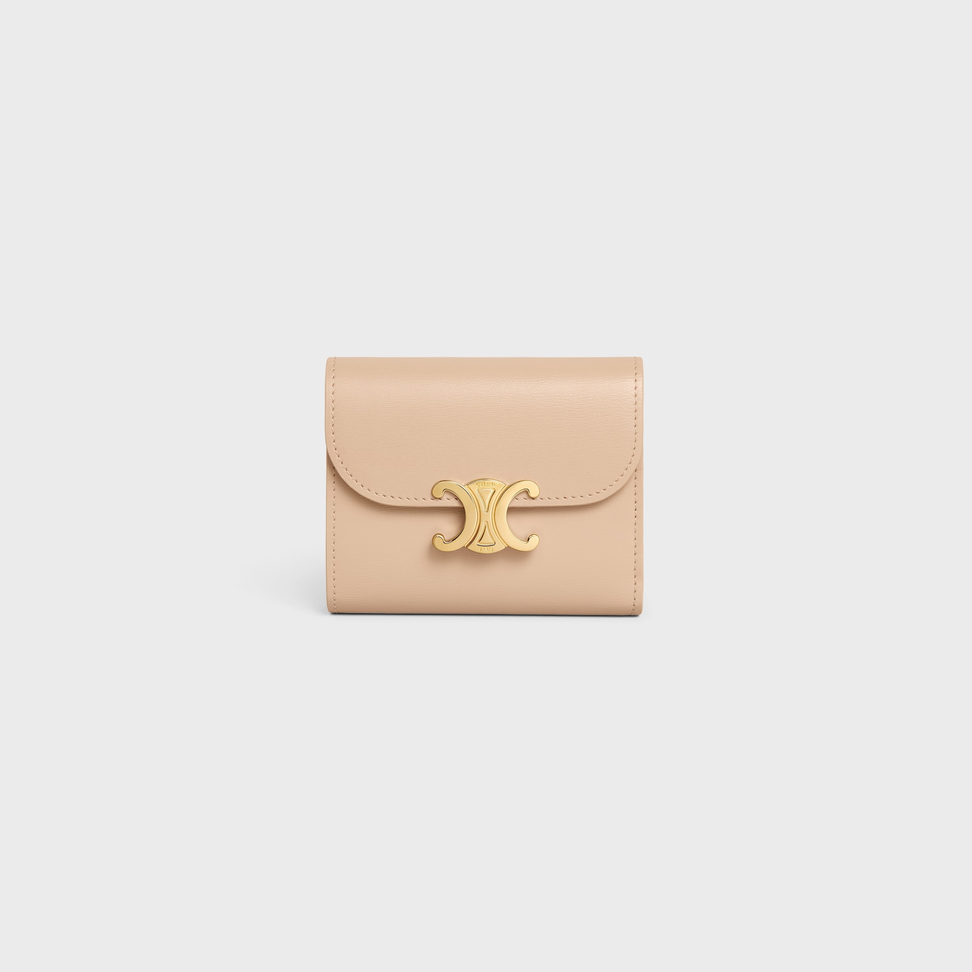 Replicate SMALL FLAP WALLER TRIOMPHE IN SHINY CALFSKIN OAT BEIGE(1:1 replica)