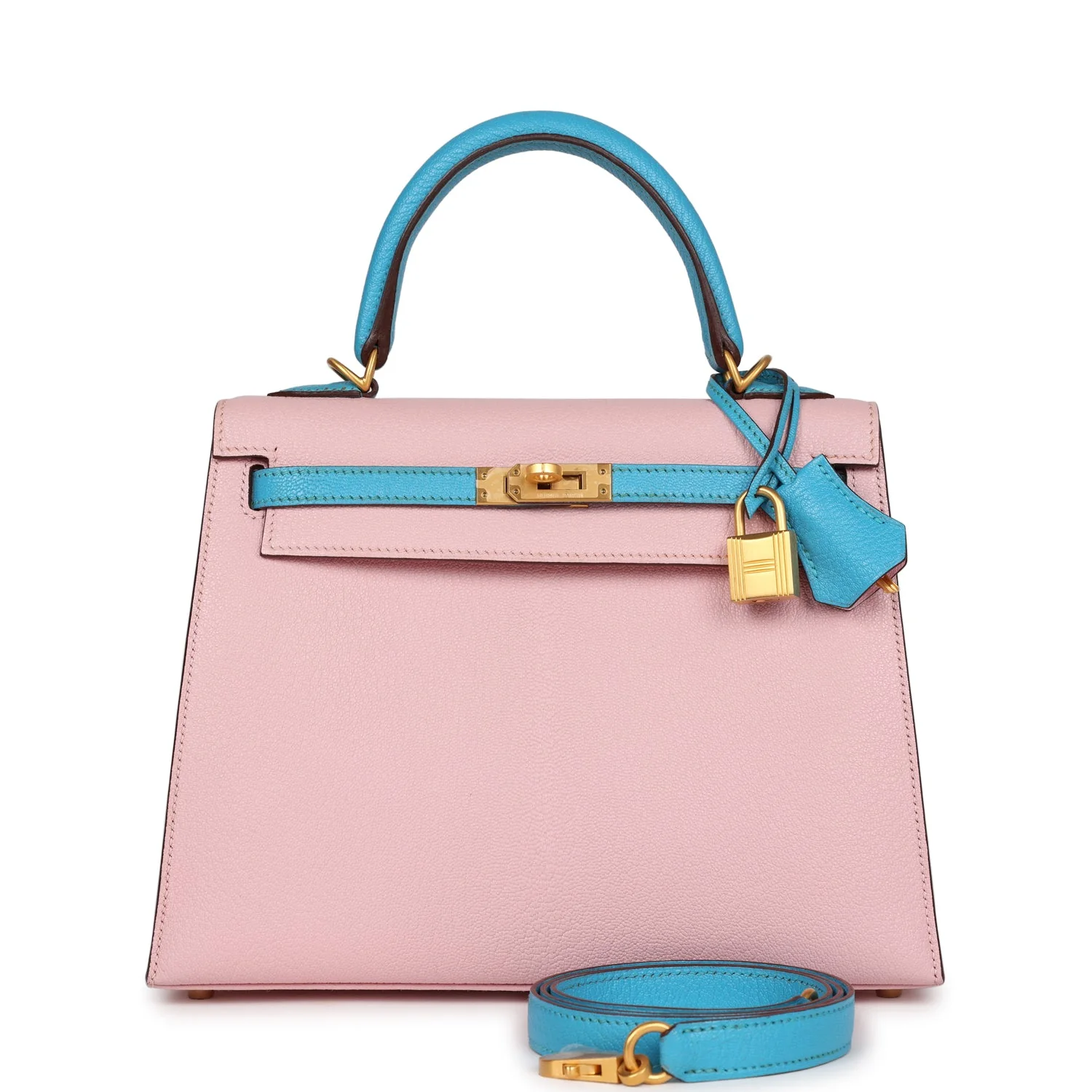 Replicate Hermes Special Order (HSS) Kelly Sellier 25 Rose Sakura and Bleu Aztec Chevre Brushed Gold Hardware(1:1 replica)