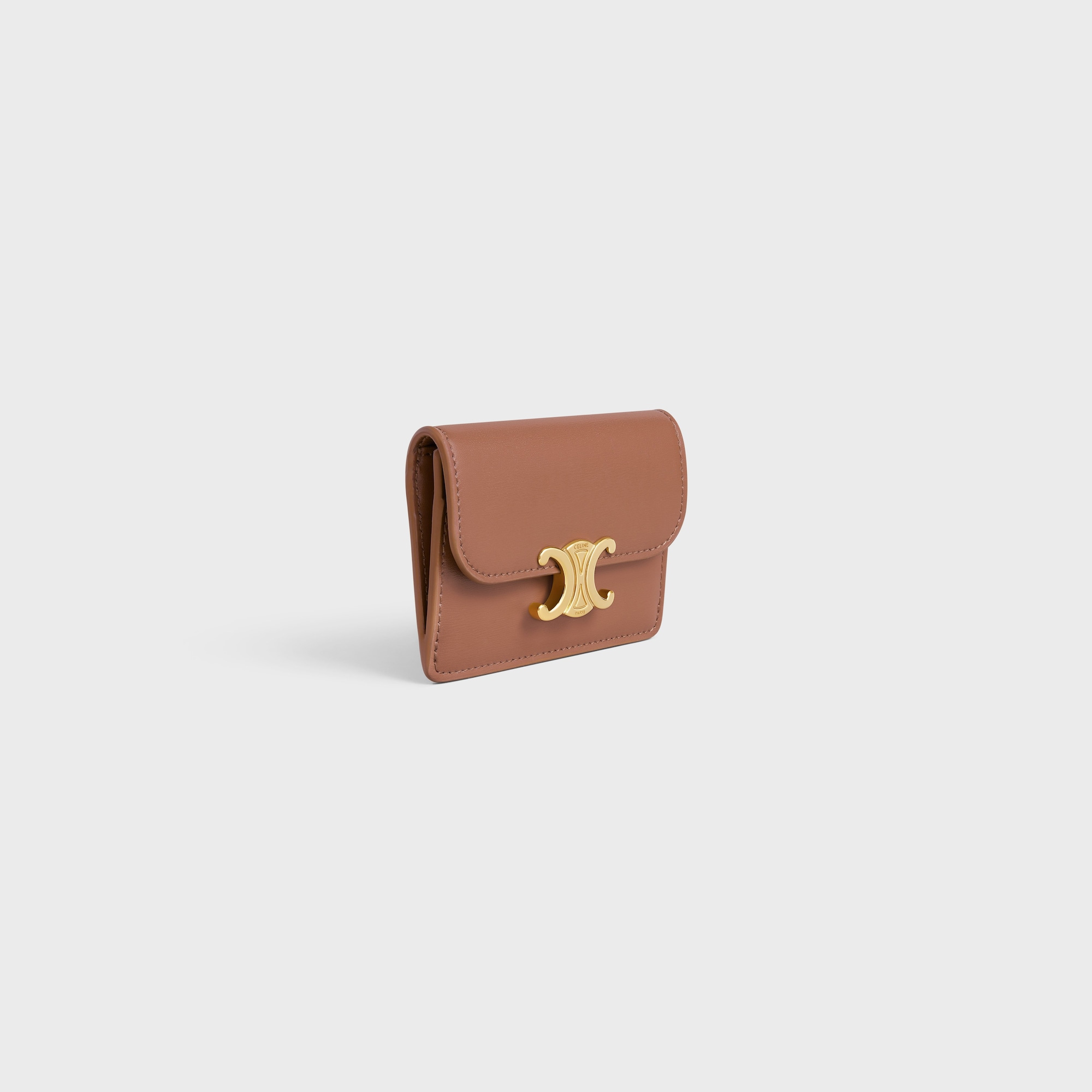 Replicate CARD HOLDER WITH FLAP TRIOMPHE IN SHINY CALFSKIN BRONZE(1:1 replica)