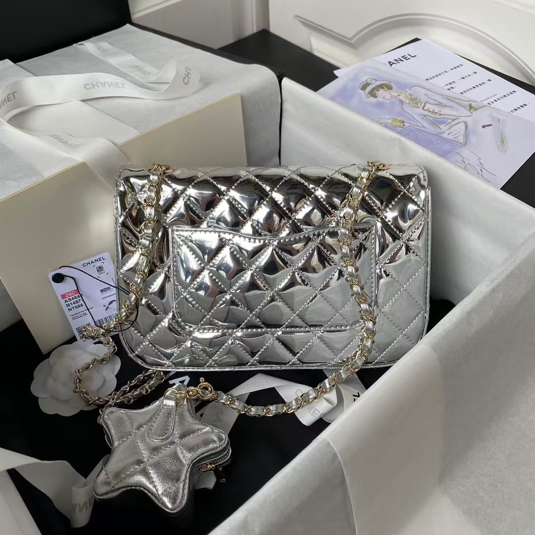 Replicate Chanel AS4648 Flap Bag Star Coin Purse Mirrored Calfskin Metallic Calfskin   Gold Metallic Silver(1:1 replica)