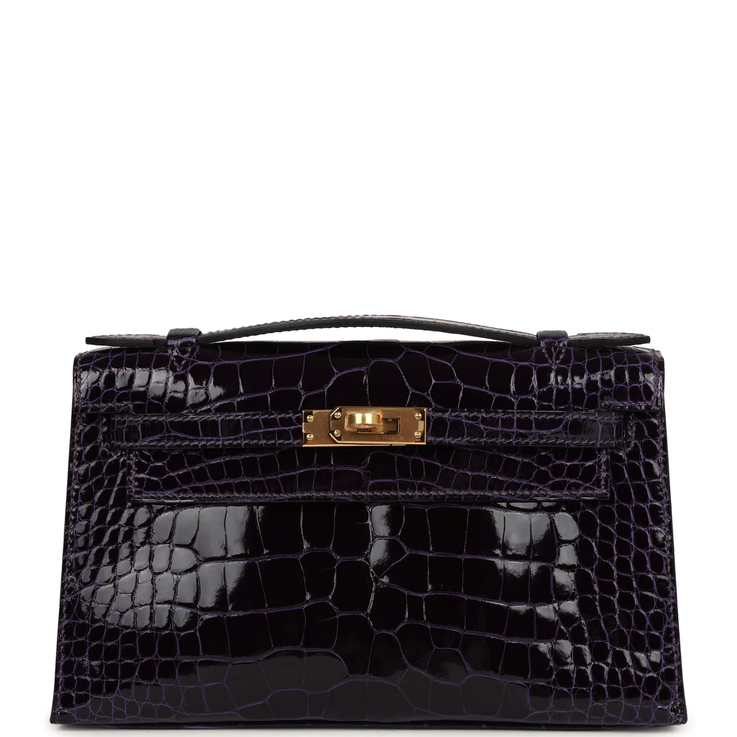 Replicate Hermes Kelly Pochette Amethyst Shiny Alligator Gold Hardware(1:1 replica)