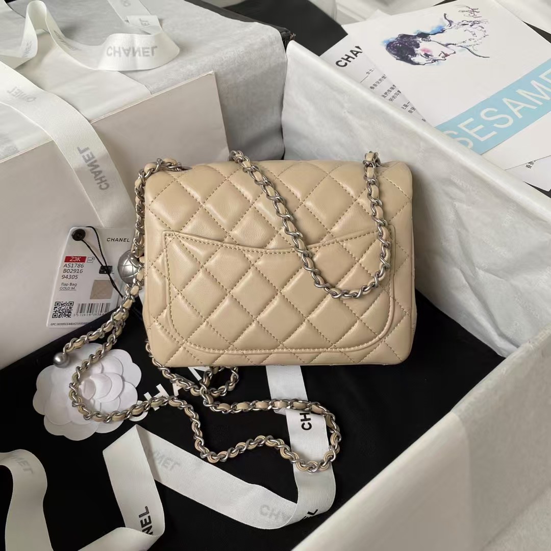 Replicate Chanel 23C AS1786 Mini Square Pearl Embossed Flap Bag Antique Silver Hardware Apricot(1:1 replica)
