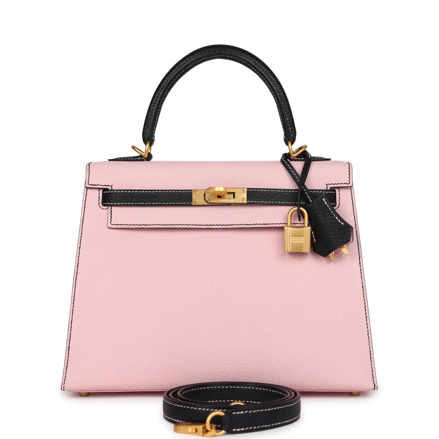 Replicate Hermes Special Order (HSS) Kelly Sellier 25 Rose Sakura and Black Chevre Mysore Brushed Gold Hardware(1:1 replica)