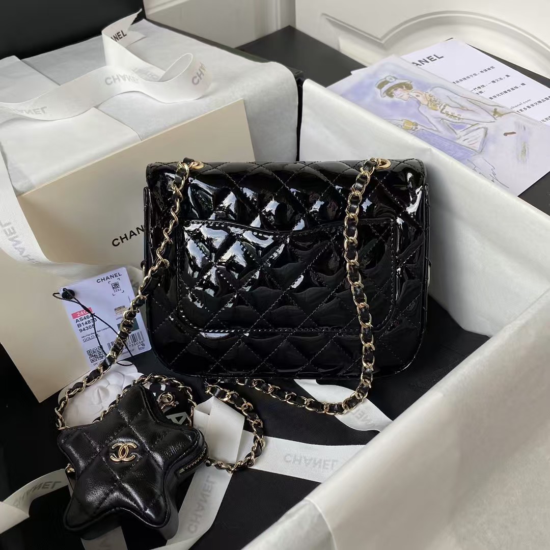 Replicate Chanel AS4647 Mini Flap Bag With Star Coin Purse Metallic Calfskin   Gold Metallic Black(1:1 replica)