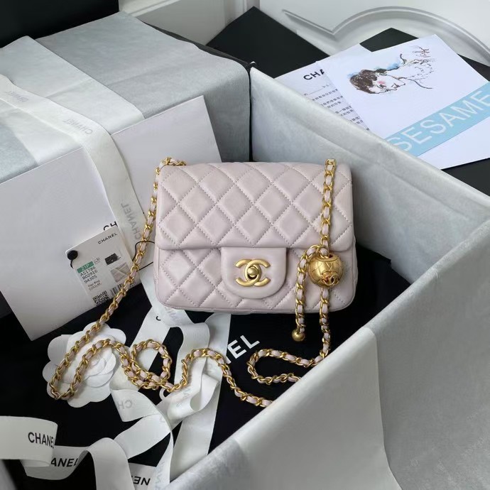 Replicate Chanel 23C AS1786 Mini Square Pearl Embossed Flap Bag Antique Gold Hardware Light Pink(1:1 replica)