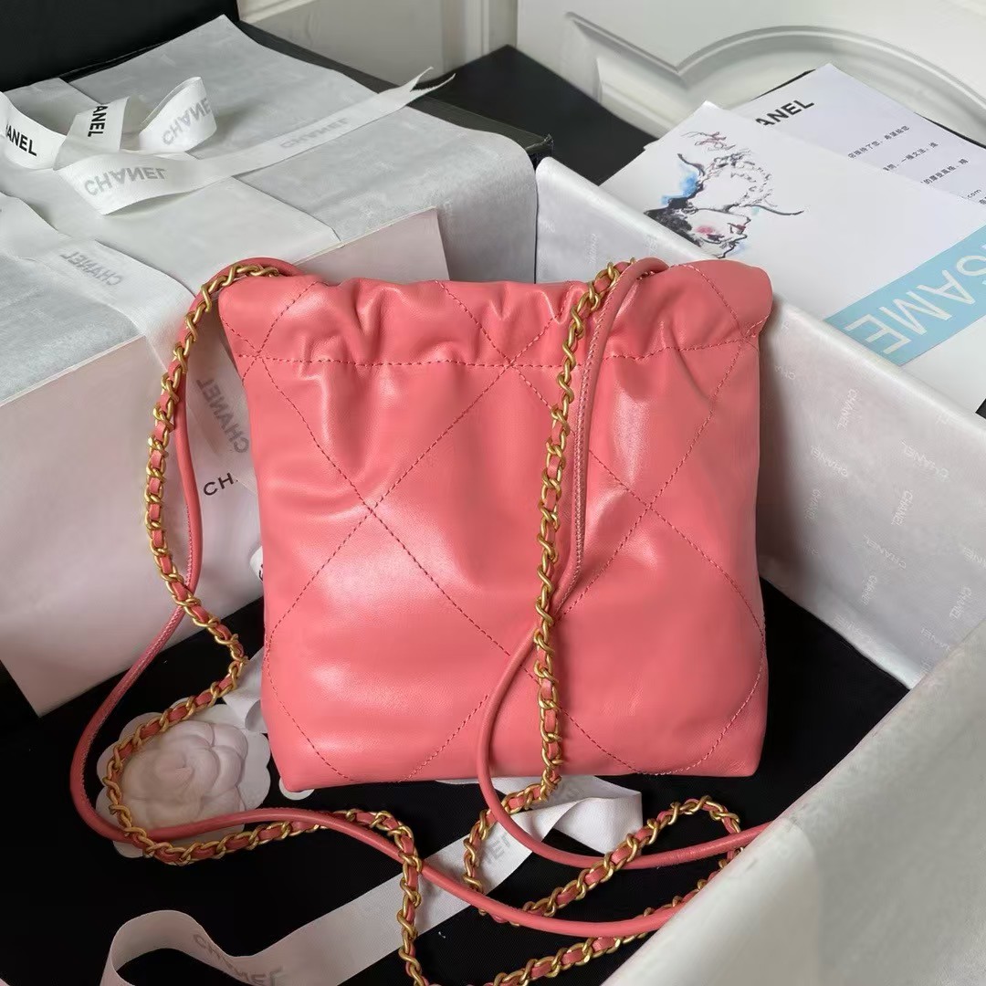 Replicate Chanel 22 AS3980 Mini Tote Shiny Calfskin   Gold-Tone Metal Dark Pink(1:1 replica)