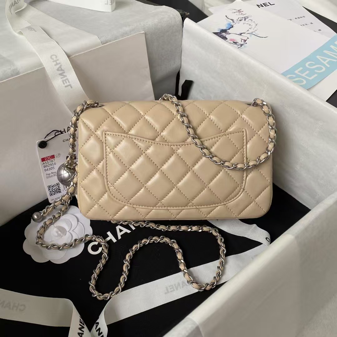 Replicate Chanel 23K AS1787 Mini Pearl Embossed Rectangular Flap Bag Lambskin Brushed Silver Metal Hardware Apricot(1:1 replica)