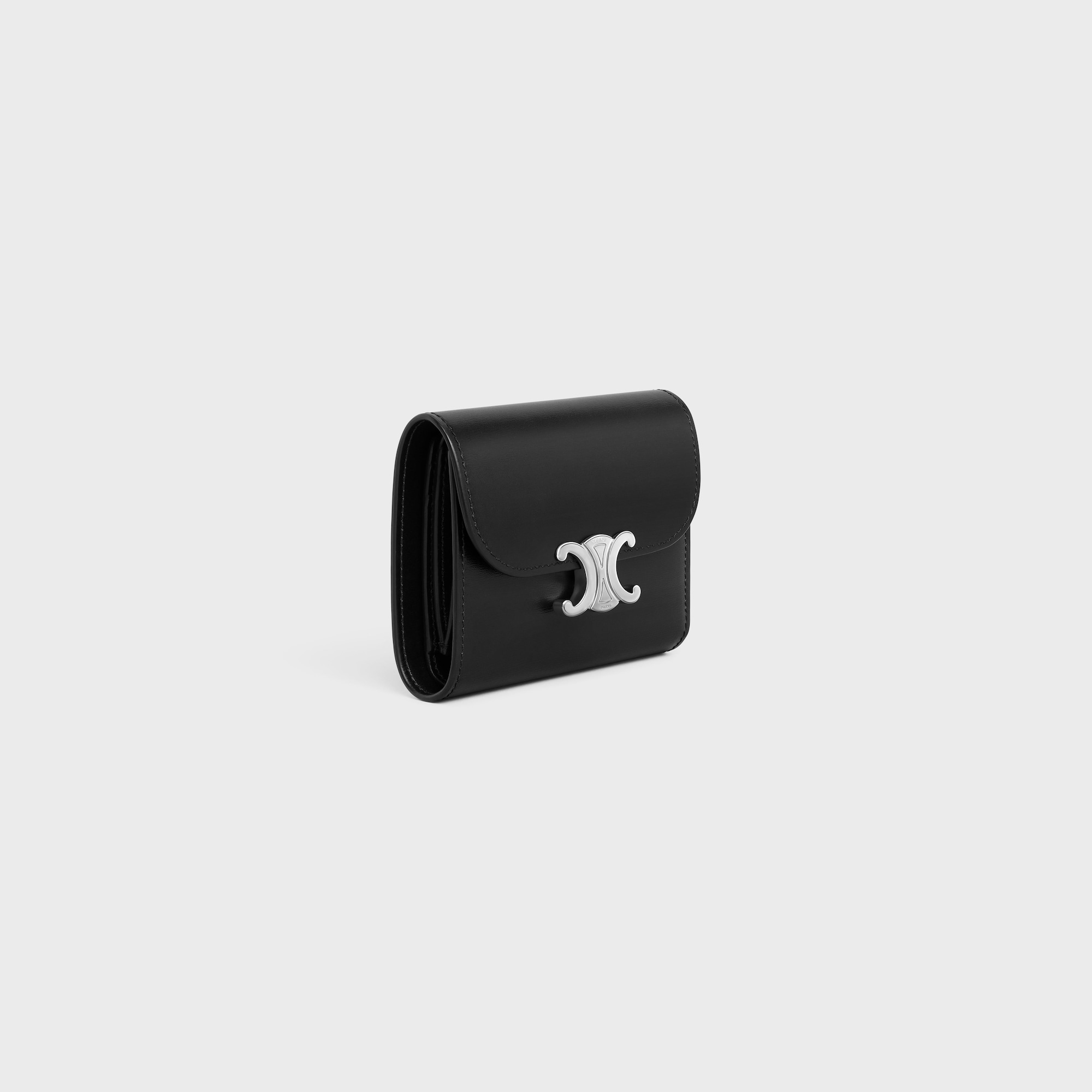 Replicate SMALL FLAP WALLER TRIOMPHE IN SHINY CALFSKIN BLACK(1:1 replica)