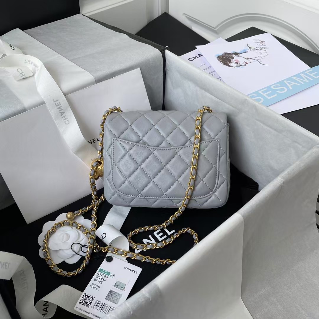 Replicate Chanel 23C AS1786 Mini Square Pearl Embossed Flap Bag Antique Gold Hardware Light Blue(1:1 replica)