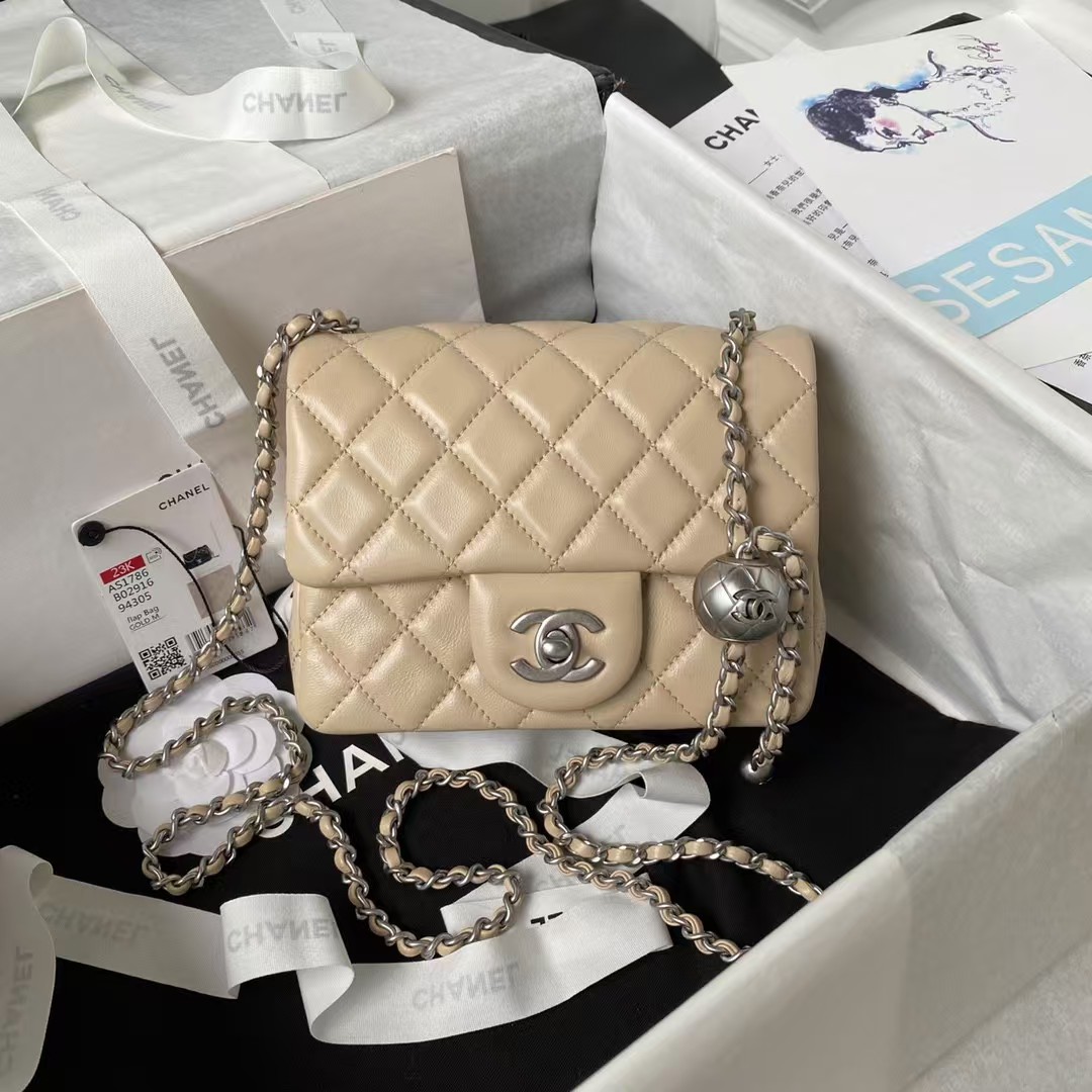 Replicate Chanel 23C AS1786 Mini Square Pearl Embossed Flap Bag Antique Silver Hardware Apricot(1:1 replica)