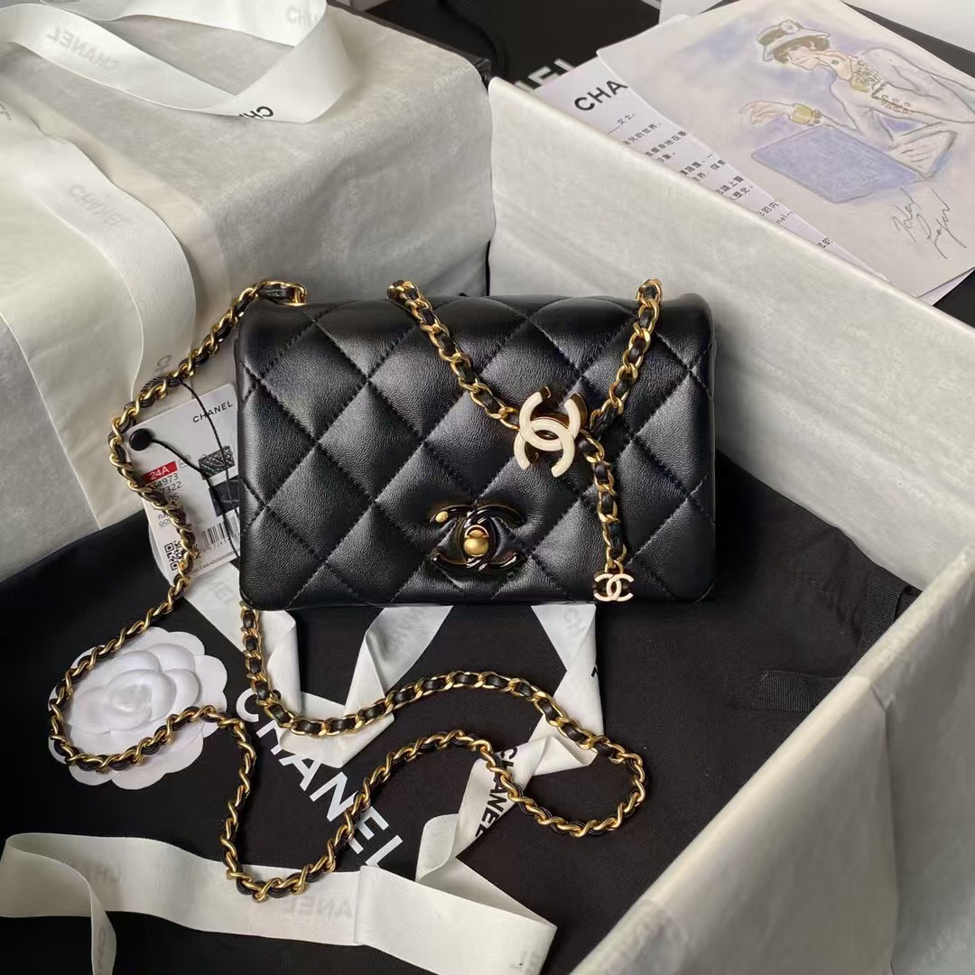 Replicate Chanel AS4973 Mini Flap Bag Shiny Lambskin Enamel   Gold Metal Black(1:1 replica)
