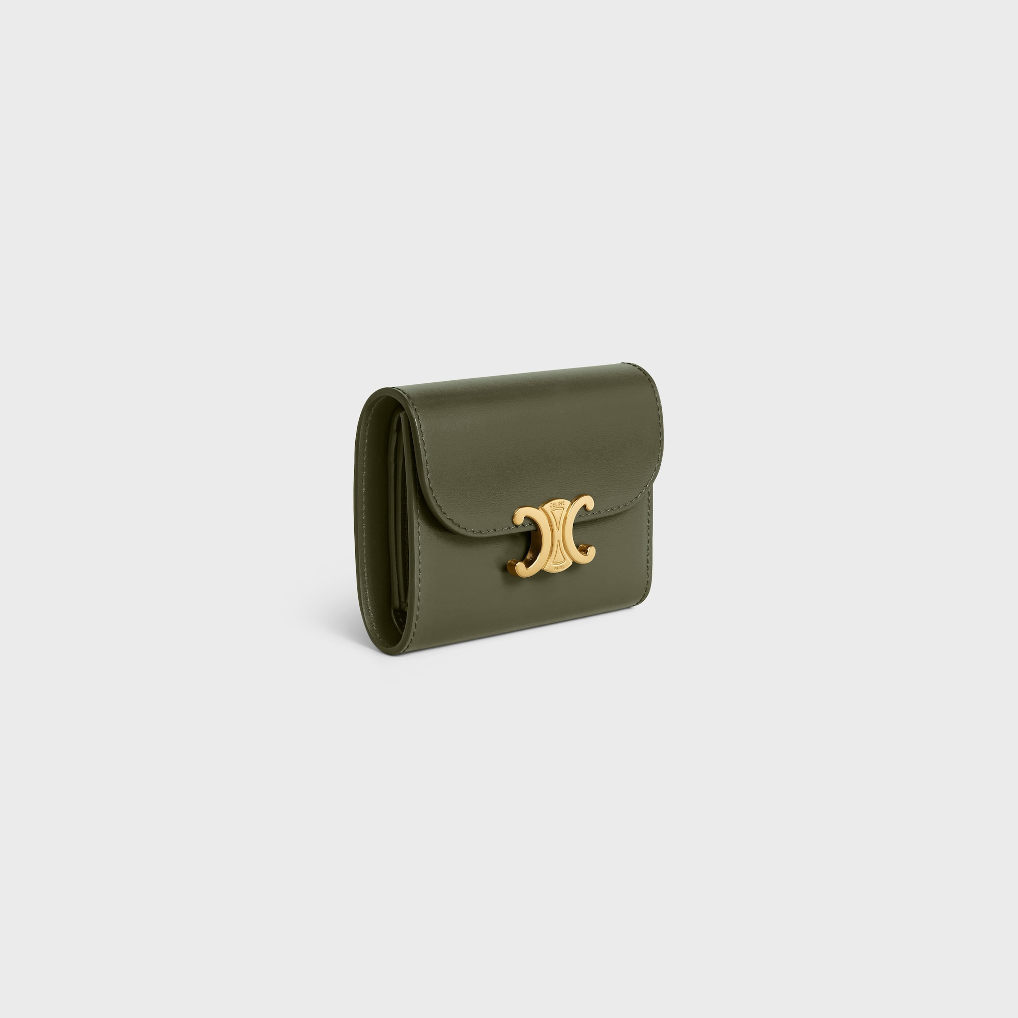 Replicate SMALL FLAP WALLER TRIOMPHE IN SHINY CALFSKIN DARK OLIVE(1:1 replica)