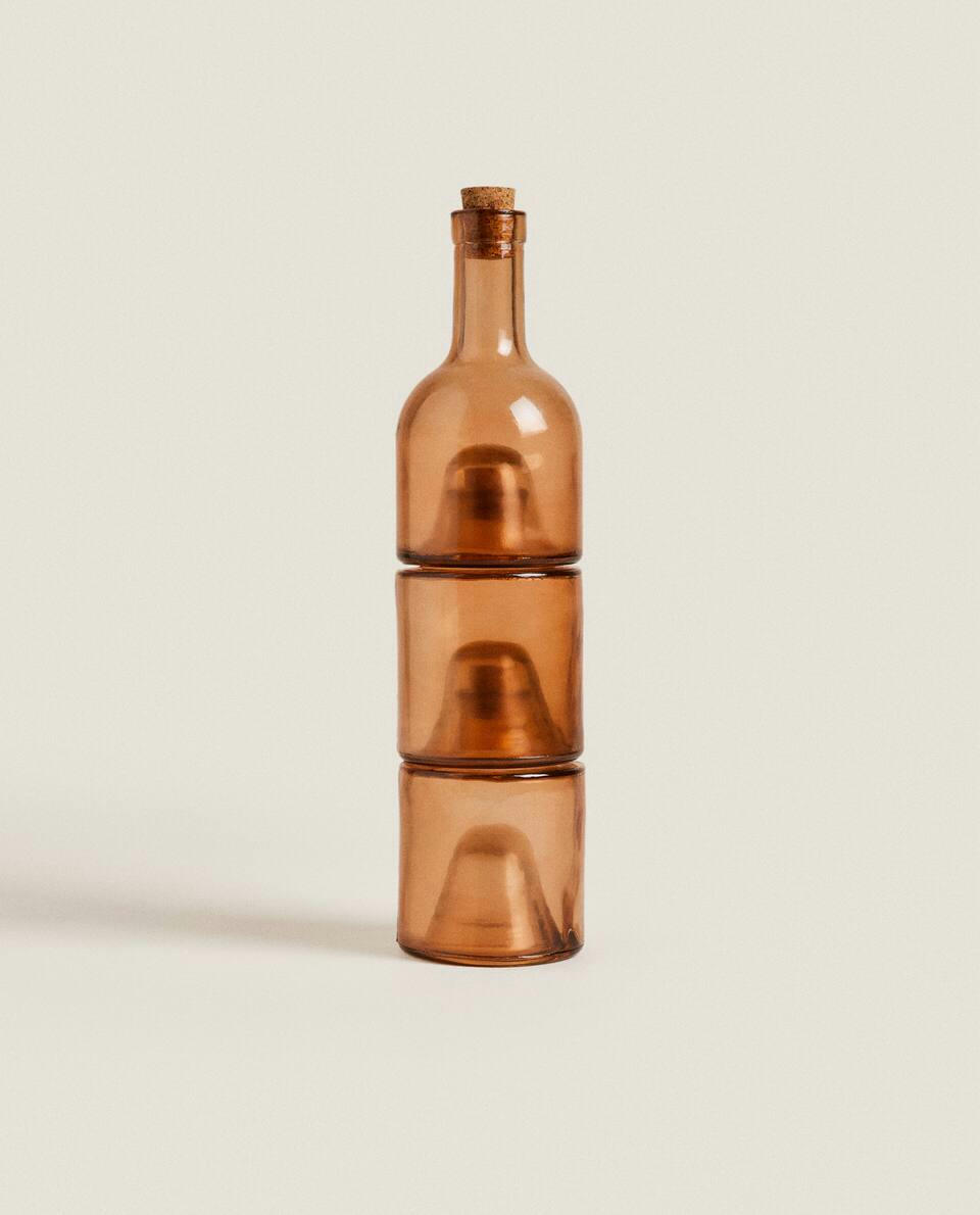 SET OF 3 GLASS CRUETS WITH CORK