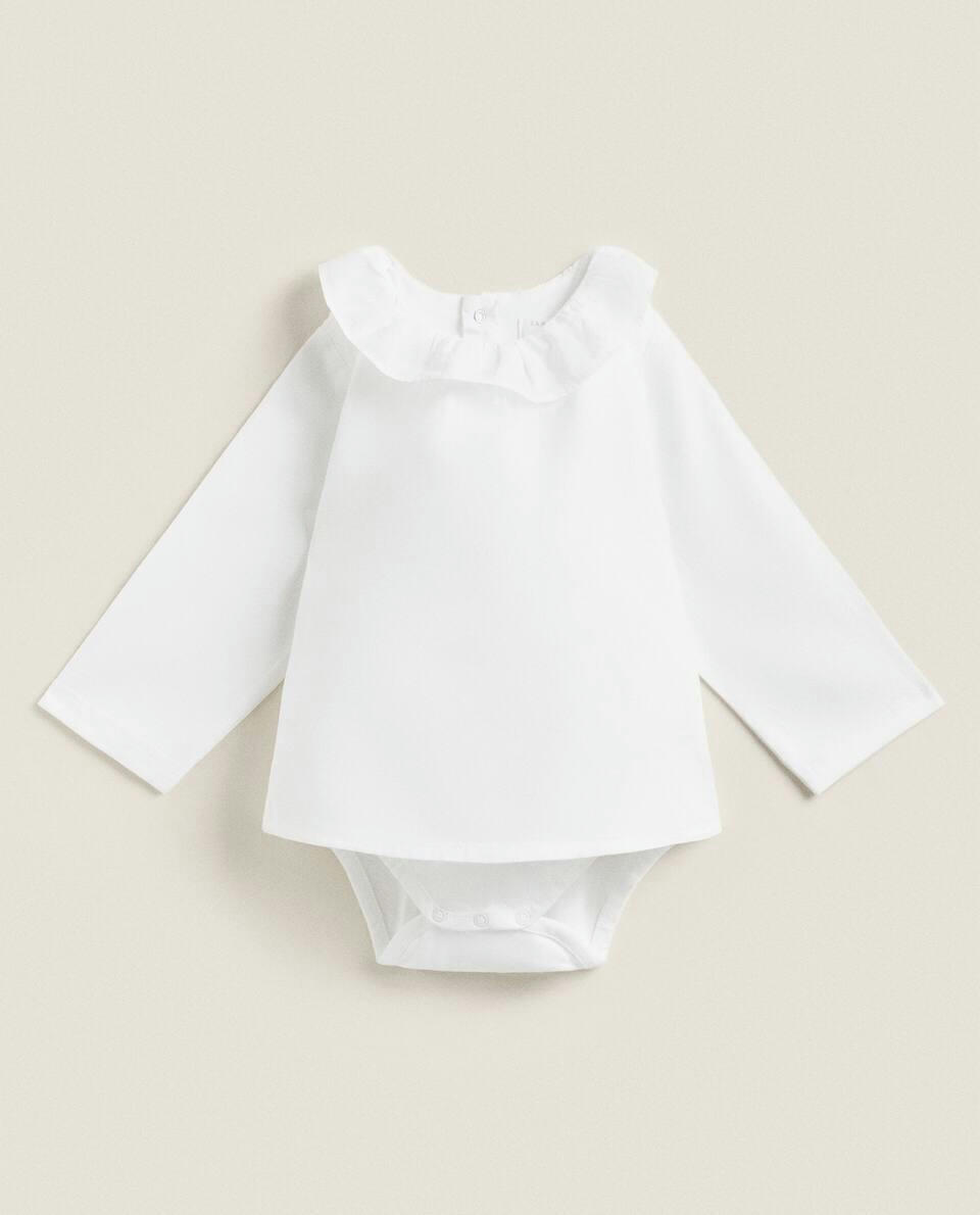COTTON BODYSUIT WITH RUFFLED NECKLINE