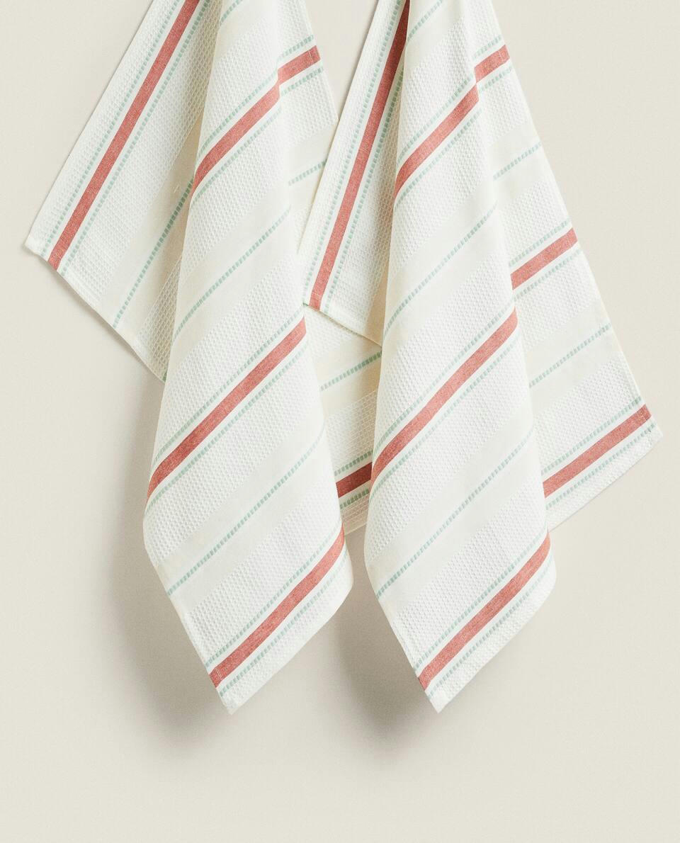 WAFFLE-KNIT COTTON TEA TOWEL WITH STRIPES (PACK OF 2)