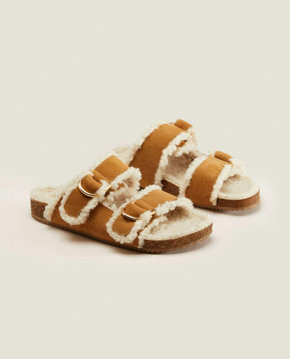 LINED LEATHER DOUBLE-BUCKLE SANDALS