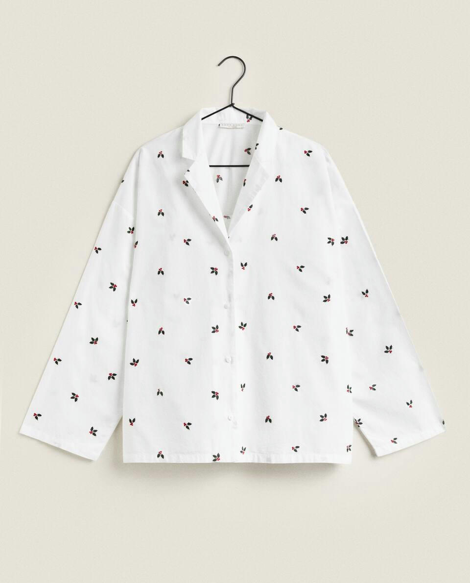 COTTON PYJAMA TOP WITH CHRISTMAS HOLLY