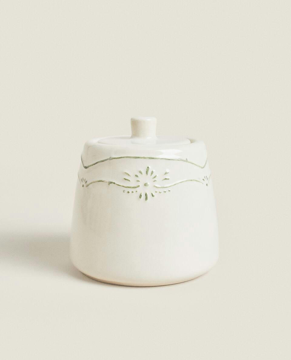 EARTHENWARE SUGAR BOWL WITH RAISED CHRISTMAS DESIGN
