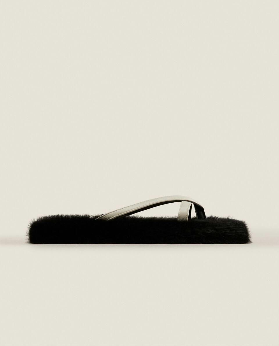 FAUX FUR SLIPPERS WITH CONTRAST STRAPS