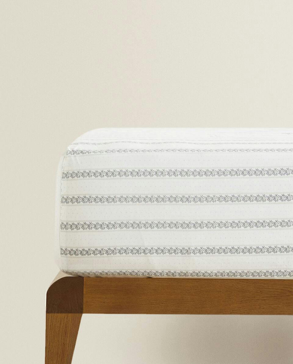 STRIPED FLORAL LINEN FITTED SHEET