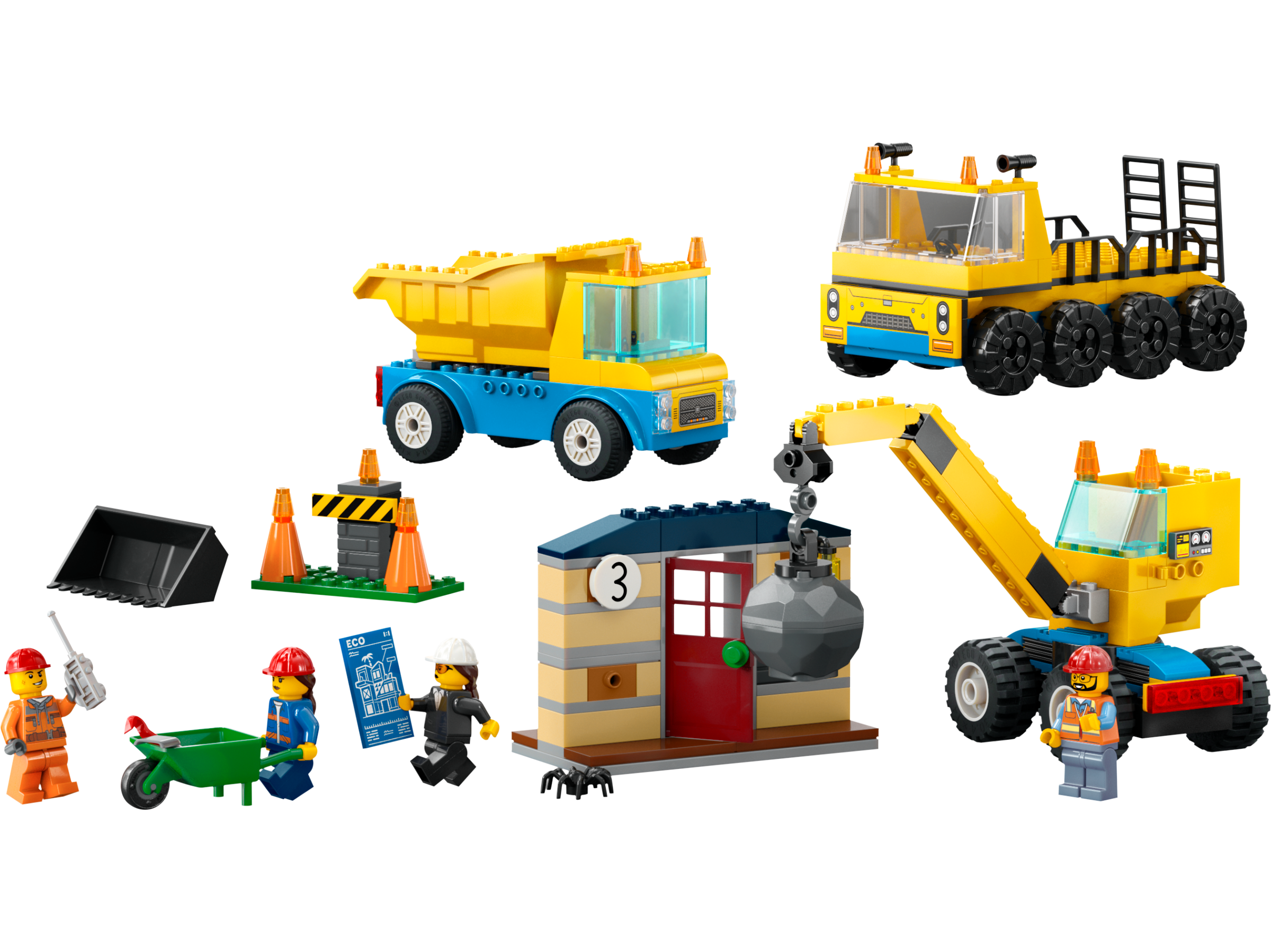 Construction Trucks and Wrecking Ball Crane